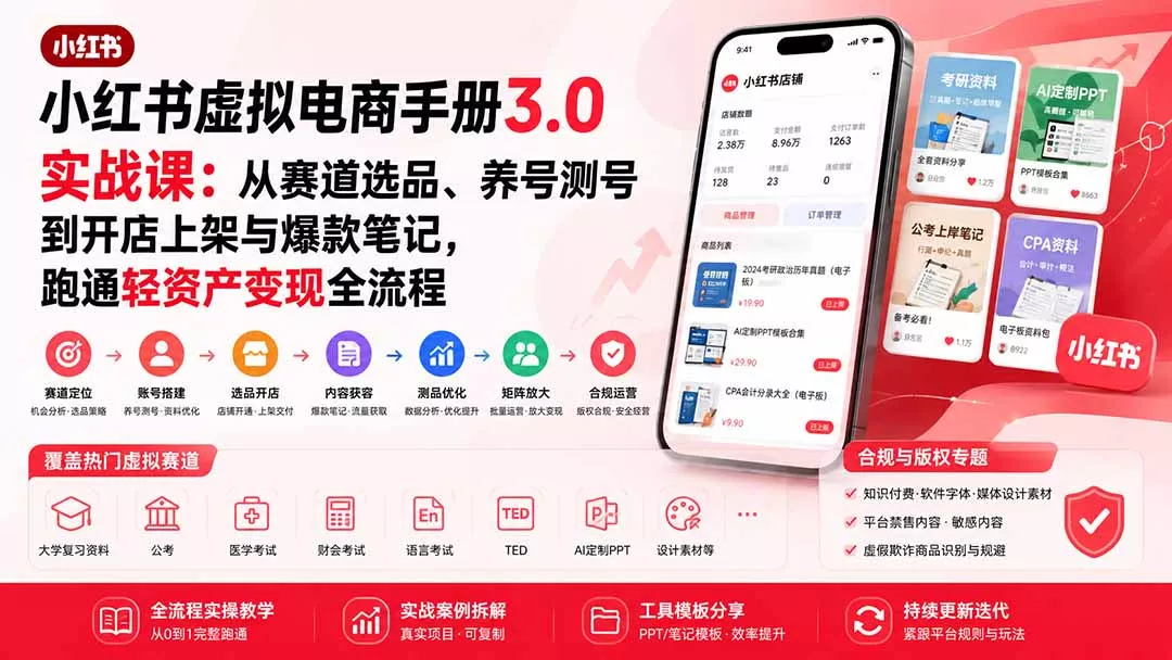 小红书虚拟电商手册3.0实战课：从赛道选品、养号测号到开店上架与爆款笔记，跑通轻资产变现全流程 一点学习助手-零基础自学教程-副业项目-兴趣学习-网盘拉新平台-英语启蒙项目资源网