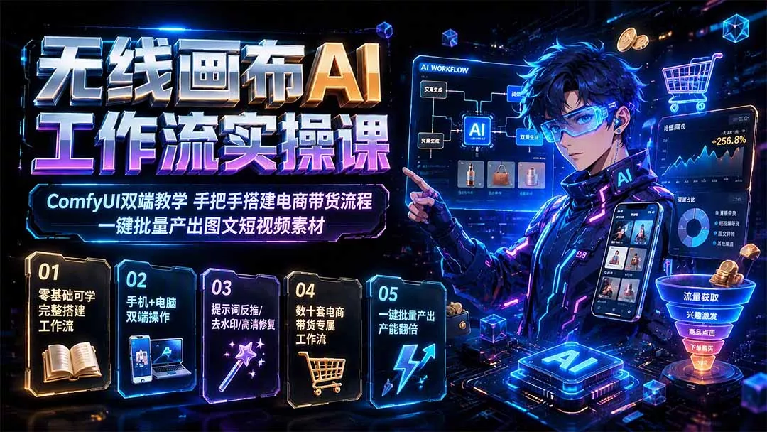 无线画布AI工作流实操课｜ComfyUI双端教学，手把手搭建电商带货流程，一键批量产出图文短视频素材 一点学习助手-零基础自学教程-副业项目-兴趣学习-网盘拉新平台-英语启蒙项目资源网