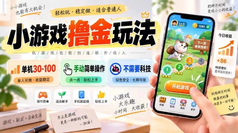 小游戏撸金玩法，单机30-100，手动简单操作，不需要科技 一点学习助手-零基础自学教程-副业项目-兴趣学习-网盘拉新平台-英语启蒙项目资源网