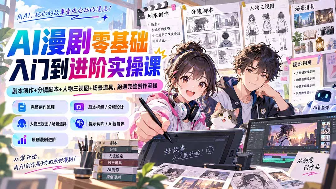 AI漫剧零基础入门到进阶实操课：剧本创作+分镜脚本+人物三视图+场景道具，跑通完整创作流程 一点学习助手-零基础自学教程-副业项目-兴趣学习-网盘拉新平台-英语启蒙项目资源网