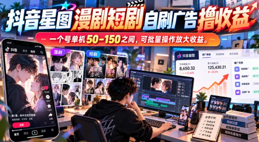 抖音星图漫剧短剧自刷广告撸收益，一个号单机50-150之间，可批量操作放大收益 一点学习助手-零基础自学教程-副业项目-兴趣学习-网盘拉新平台-英语启蒙项目资源网
