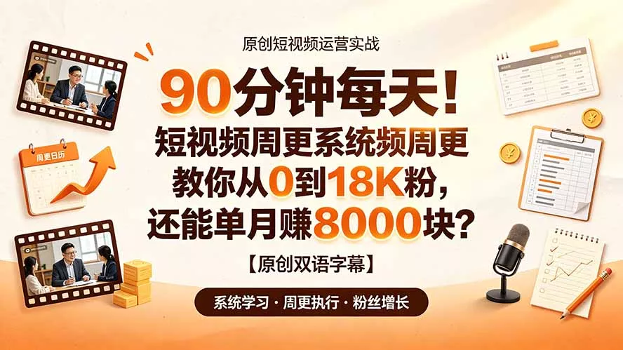 90 分钟每天！短视频周更系统教你从 0 到 18K 粉，还能单月赚 8000 块？【原创双语字幕】 一点学习助手-零基础自学教程-副业项目-兴趣学习-网盘拉新平台-英语启蒙项目资源网