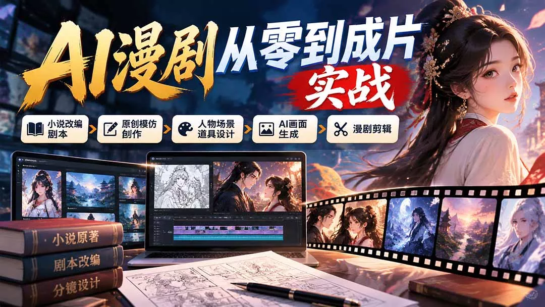 AI漫剧从零到成片实战：小说改编剧本、原创模仿创作、人物场景道具设计、AI画面生成与漫剧剪辑