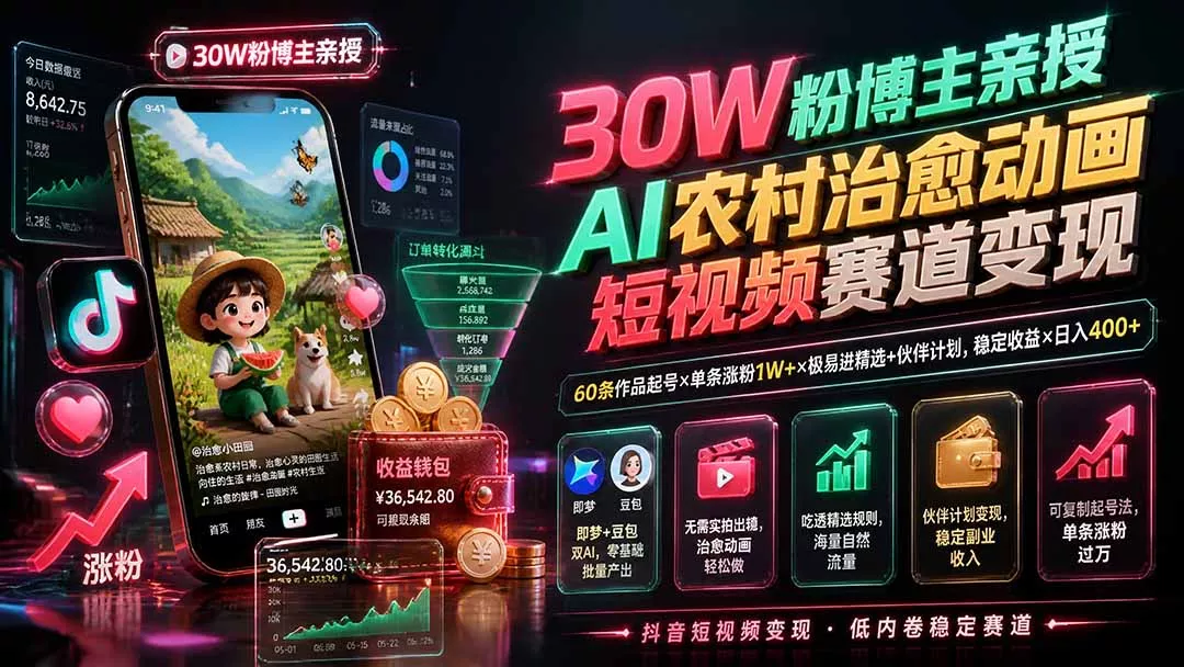 30W粉博主亲授AI农村治愈动画短视频赛道变现：60条作品起号×单条涨粉1W+×极易进精选+伙伴计划，稳定收益×日入400+