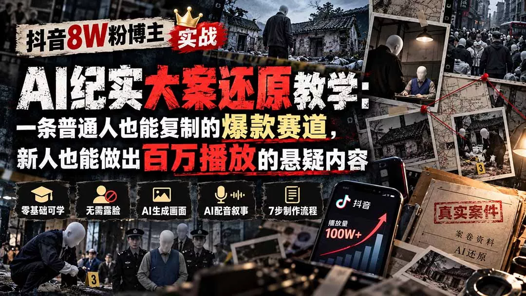 抖音8W粉博主AI纪实大案还原教学：一条普通人也能复制的爆款赛道，新人也能做出百万播放的悬疑内容 一点学习助手-零基础自学教程-副业项目-兴趣学习-网盘拉新平台-英语启蒙项目资源网