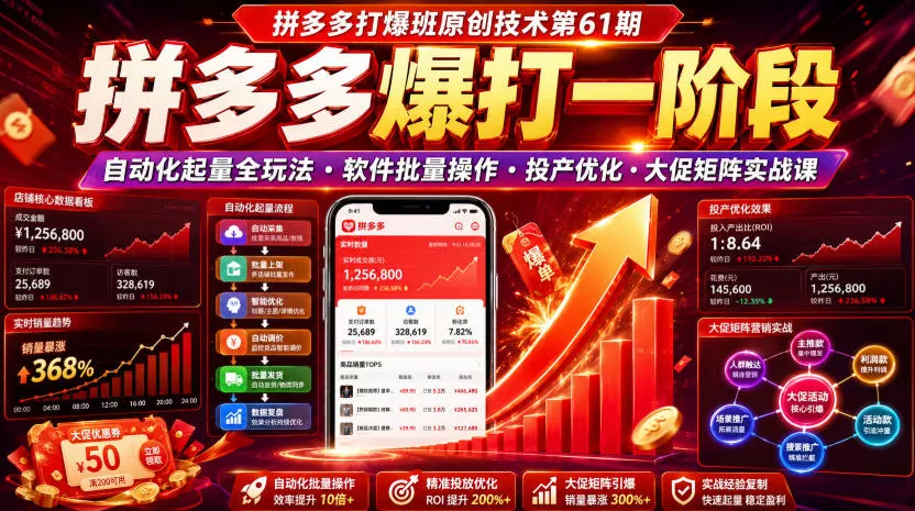 拼多多打爆班原创技术第61期，拼多多爆打一阶段，自动化起量全玩法・软件批量操作・投产优化・大促矩阵实战课 一点学习助手-零基础自学教程-副业项目-兴趣学习-网盘拉新平台-英语启蒙项目资源网