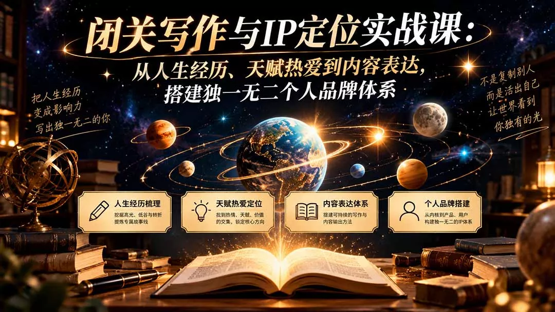 闭关写作与IP定位实战课：从人生经历、天赋热爱到内容表达，搭建独一无二个人品牌体系 一点学习助手-零基础自学教程-副业项目-兴趣学习-网盘拉新平台-英语启蒙项目资源网