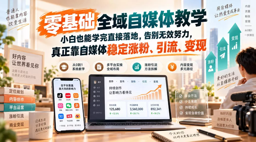 零基础全域自媒体教学，小白也能学完直接落地，告别无效努力，真正靠自媒体稳定涨粉、引流、变现 一点学习助手-零基础自学教程-副业项目-兴趣学习-网盘拉新平台-英语启蒙项目资源网
