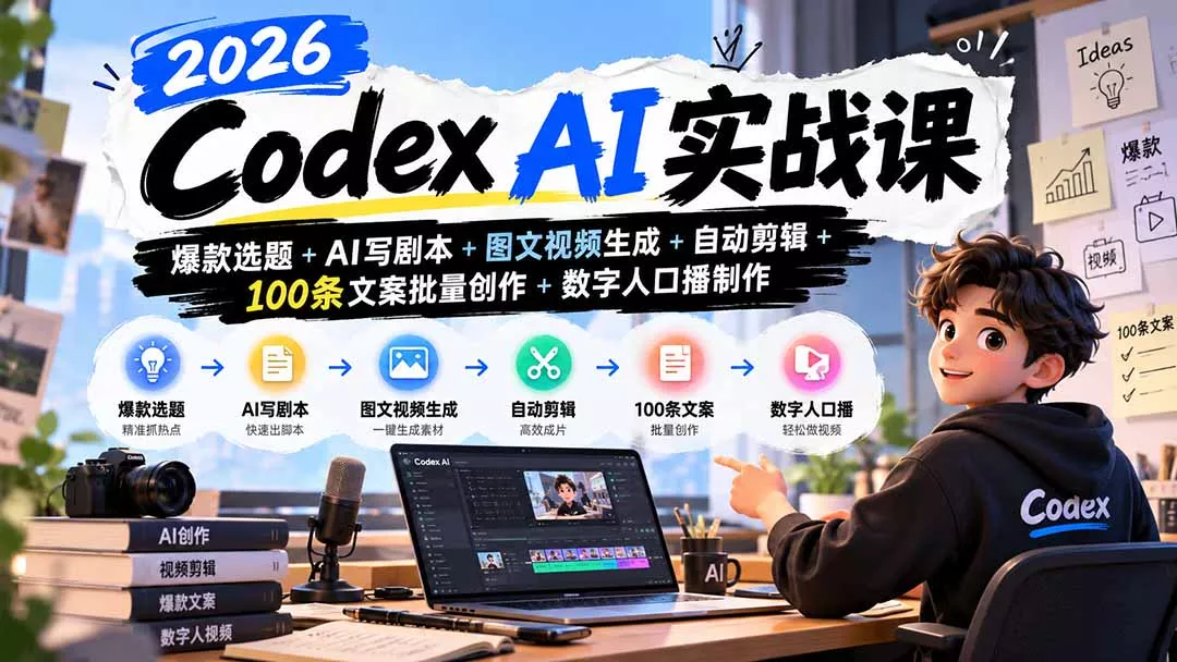2026Codex AI实战课：爆款选题+AI写剧本+图文视频生成+自动剪辑+100条文案批量创作+数字人口播制作 一点学习助手-零基础自学教程-副业项目-兴趣学习-网盘拉新平台-英语启蒙项目资源网