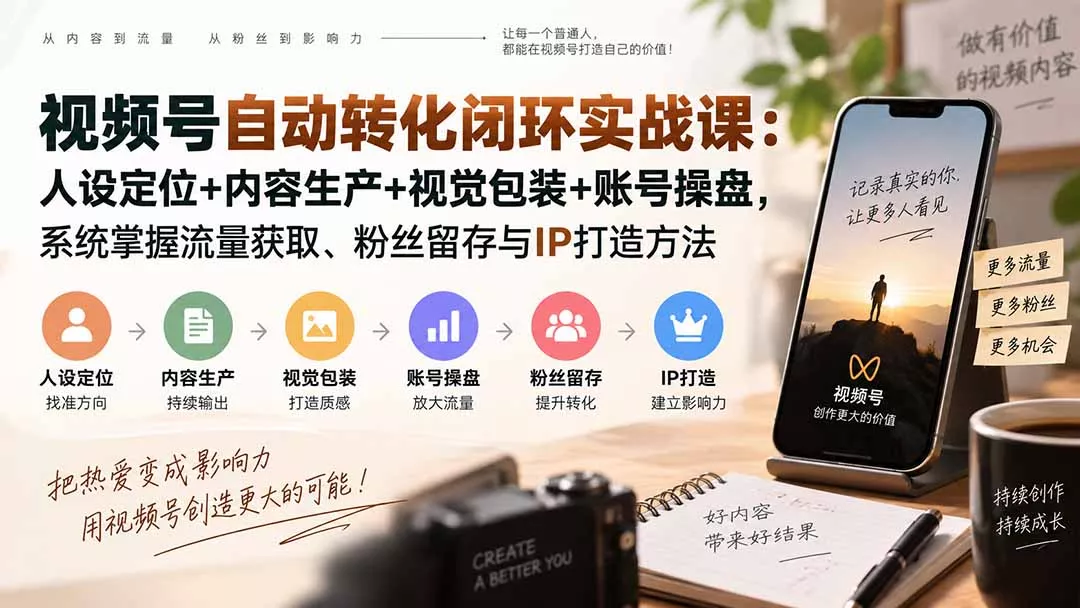 视频号自动转化闭环实战课：人设定位+内容生产+视觉包装+账号操盘，系统掌握流量获取、粉丝留存与IP打造方法 一点学习助手-零基础自学教程-副业项目-兴趣学习-网盘拉新平台-英语启蒙项目资源网