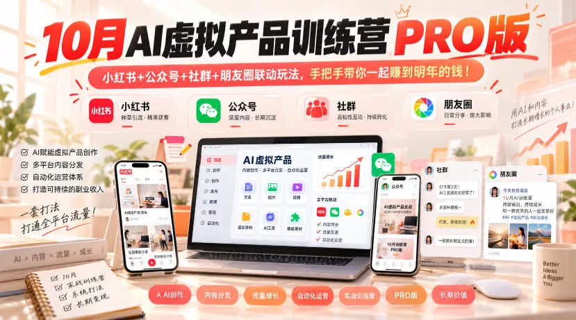 10月AI虚拟产品训练营PRO版，小红书+公众号+社群+朋友圈联动玩法，手把手带你一起赚到明年的钱！ 一点学习助手-零基础自学教程-副业项目-兴趣学习-网盘拉新平台-英语启蒙项目资源网