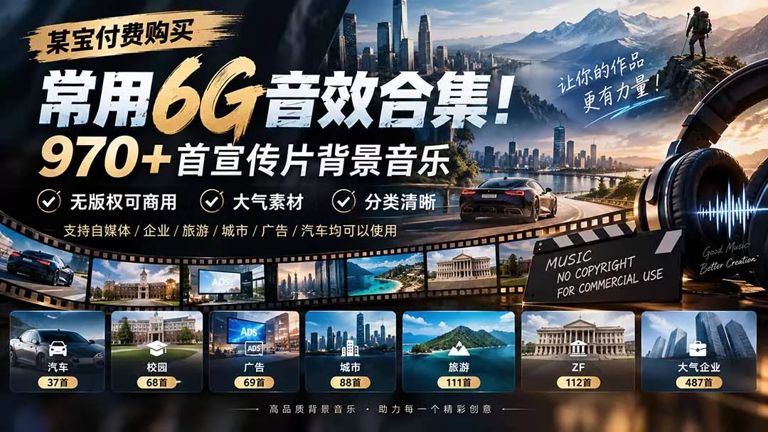 某宝付费购买，常用6G音效合集！970+首宣传片背景音乐，无版权可商用大气素材，分类清晰 一点学习助手-零基础自学教程-副业项目-兴趣学习-网盘拉新平台-英语启蒙项目资源网
