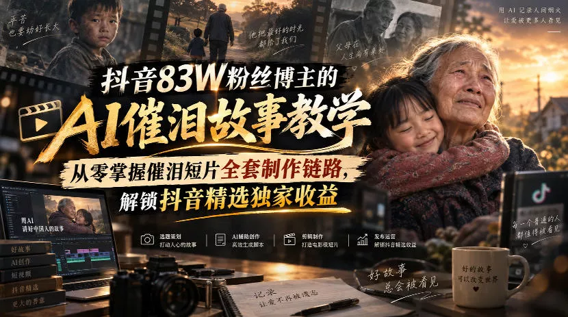 抖音83W粉丝博主的AI催泪故事教学，从零掌握催泪短片全套制作链路，解锁抖音精选独家收益 一点学习助手-零基础自学教程-副业项目-兴趣学习-网盘拉新平台-英语启蒙项目资源网