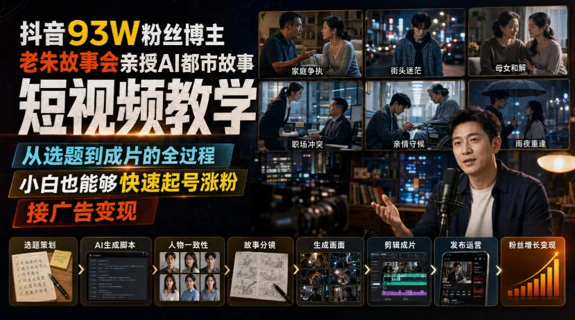 抖音93W粉丝博主老朱故事会亲授AI都市故事短视频教学，从选题到成片的全过程，小白也能够快速起号涨粉接广告变现 一点学习助手-零基础自学教程-副业项目-兴趣学习-网盘拉新平台-英语启蒙项目资源网