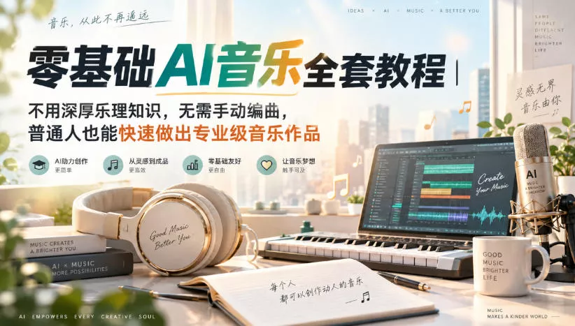 零基础AI音乐全套教程｜不用深厚乐理知识，无需手动编曲，普通人也能快速做出专业级音乐作品 一点学习助手-零基础自学教程-副业项目-兴趣学习-网盘拉新平台-英语启蒙项目资源网