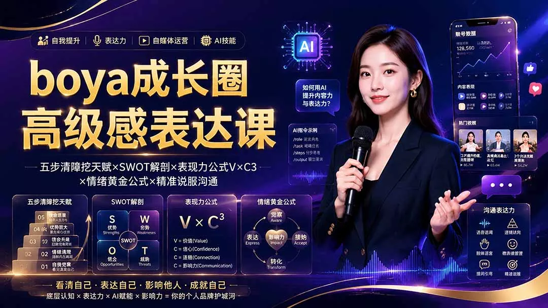 boya成长圈｜内心成长高级表达AI自媒体三合一，消解内耗挖掘天赋，镜头沟通AI指令短视频全流程教学 一点学习助手-零基础自学教程-副业项目-兴趣学习-网盘拉新平台-英语启蒙项目资源网