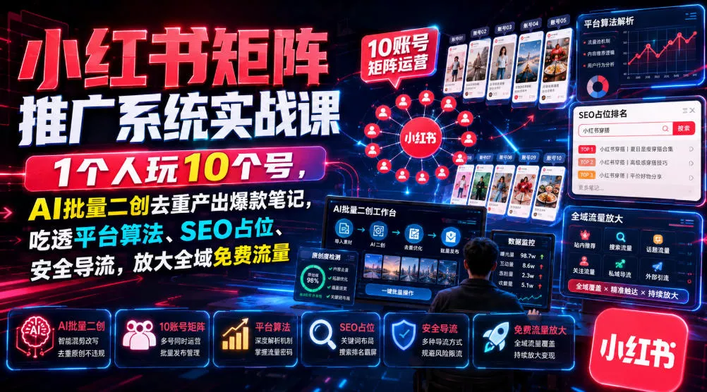 小红书矩阵推广系统实战课｜1个人玩10个号，AI批量二创去重产出爆款笔记，吃透平台算法、SEO占位、安全导流，放大全域免费流量 一点学习助手-零基础自学教程-副业项目-兴趣学习-网盘拉新平台-英语启蒙项目资源网