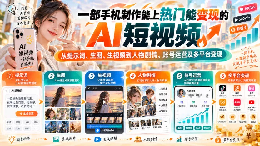 【无水印】一部手机制作能上热门能变现的AI短视频，从提示词、生图、生视频到人物剧情、账号运营及多平台变现 一点学习助手-零基础自学教程-副业项目-兴趣学习-网盘拉新平台-英语启蒙项目资源网