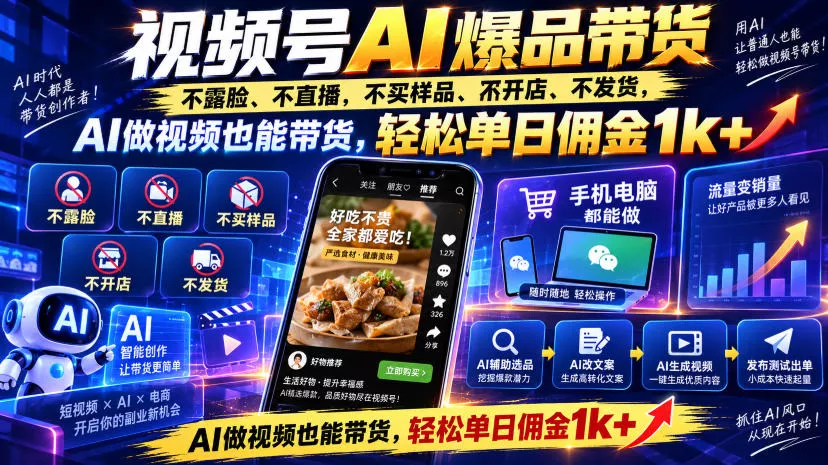 视频号Ai爆品带货，不露脸、不直播、不买样品、不开店、不发货，AI做视频也能带货，轻松单日佣金1k+ 一点学习助手-零基础自学教程-副业项目-兴趣学习-网盘拉新平台-英语启蒙项目资源网