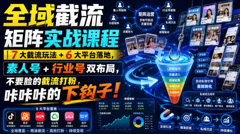 全域截流矩阵实战课程｜7大截流玩法+6大平台落地，素人号+行业号双布局，不要脸的截流打粉，咔咔咔的下钩子！ 一点学习助手-零基础自学教程-副业项目-兴趣学习-网盘拉新平台-英语启蒙项目资源网