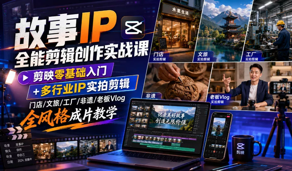 故事IP全能剪辑创作实战课｜剪映零基础入门+多行业IP实拍剪辑，门店/文旅/工厂/非遗/老板Vlog全风格成片教学 一点学习助手-零基础自学教程-副业项目-兴趣学习-网盘拉新平台-英语启蒙项目资源网