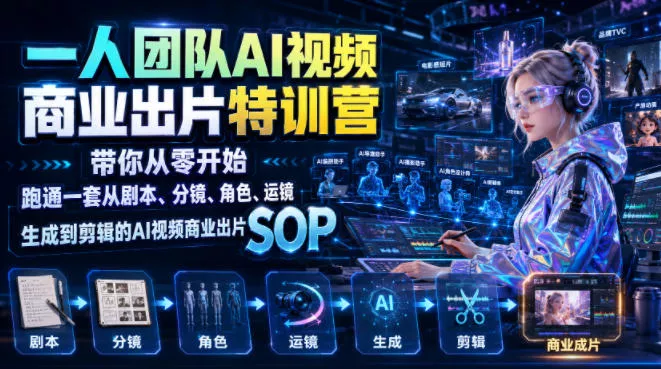 一人团队AI视频商业出片实战课：带你从零开始跑通一套从剧本、分镜、角色、运镜、生成到剪辑的AI视频商业出片SOP 一点学习助手-零基础自学教程-副业项目-兴趣学习-网盘拉新平台-英语启蒙项目资源网