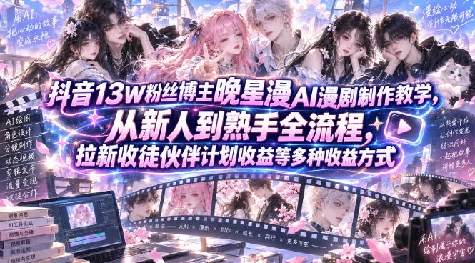 抖音13W粉丝博主晚星漫AI漫剧制作教学，从新人到熟手全流程，拉新收徒伙伴计划收益等多种收益方式，单日1K+ 一点学习助手-零基础自学教程-副业项目-兴趣学习-网盘拉新平台-英语启蒙项目资源网