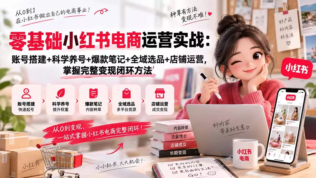 零基础小红书电商运营实战：账号搭建+科学养号+爆款笔记+全域选品+店铺运营，掌握完整变现闭环方法 一点学习助手-零基础自学教程-副业项目-兴趣学习-网盘拉新平台-英语启蒙项目资源网