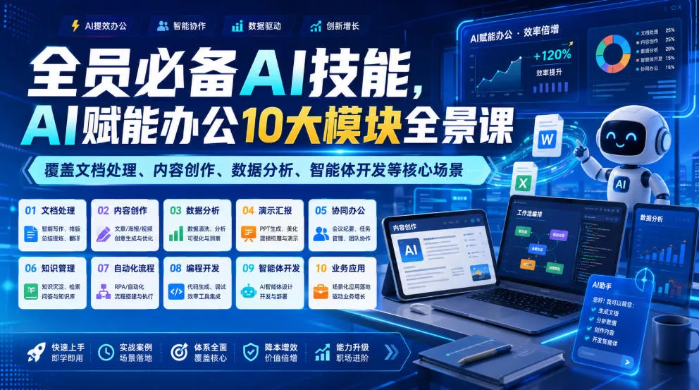 全员必备AI技能，AI赋能办公10大模块全景课，覆盖文档处理、内容创作、数据分析、智能体开发等核心场景 一点学习助手-零基础自学教程-副业项目-兴趣学习-网盘拉新平台-英语启蒙项目资源网