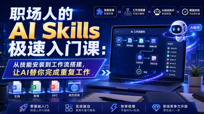 职场人的AI Skills极速入门课：从技能安装到工作流搭建，让AI替你完成重复工作 一点学习助手-零基础自学教程-副业项目-兴趣学习-网盘拉新平台-英语启蒙项目资源网