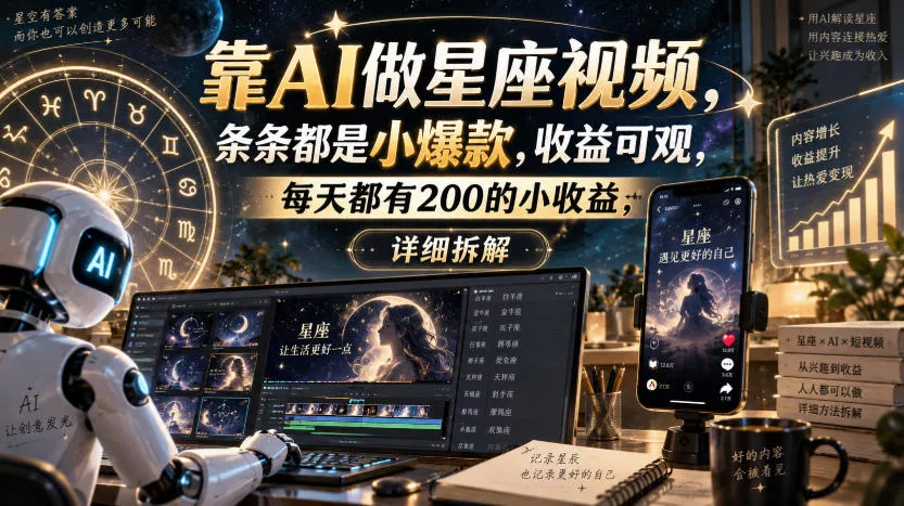 靠AI做星座视频，条条都是小爆款，收益可观，每天都有200的小收益，详细拆解 一点学习助手-零基础自学教程-副业项目-兴趣学习-网盘拉新平台-英语启蒙项目资源网