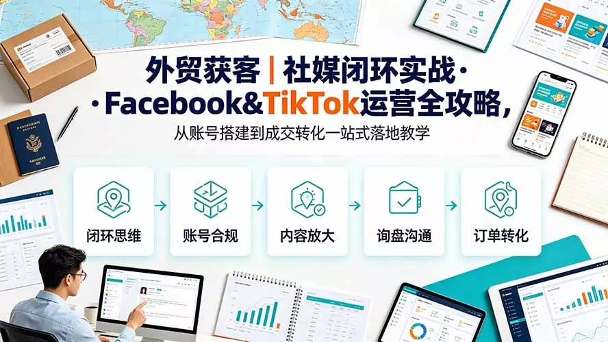 外贸获客｜社媒闭环实战·Facebook&TikTok运营全攻略，从账号搭建到成交转化一站式落地教学 一点学习助手-零基础自学教程-副业项目-兴趣学习-网盘拉新平台-英语启蒙项目资源网