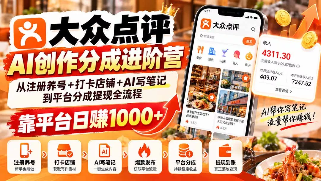大众点评AI创作分成进阶营：从注册养号+打卡店铺+AI写笔记到平台分成提现全流程，靠平台日赚1000+ 一点学习助手-零基础自学教程-副业项目-兴趣学习-网盘拉新平台-英语启蒙项目资源网