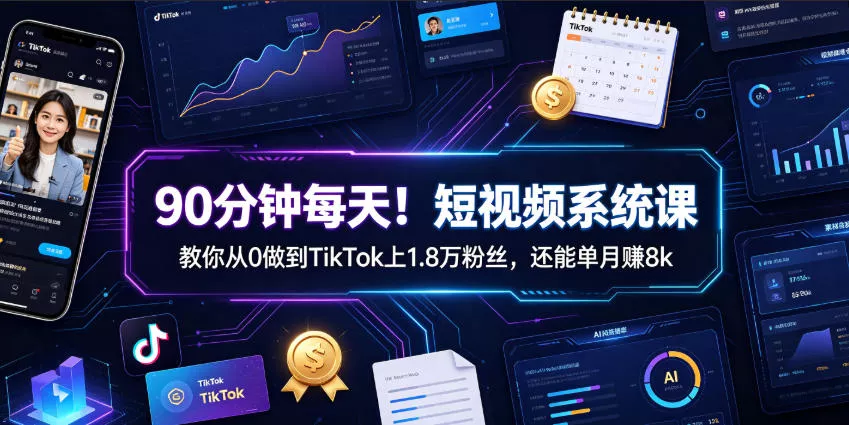 90分钟每天！短视频系统课教你从0做到TikTok上1.8万粉丝，还能单月賺8k【原创双语字幕】 一点学习助手-零基础自学教程-副业项目-兴趣学习-网盘拉新平台-英语启蒙项目资源网