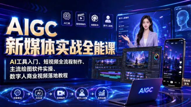 AIGC新媒体实战全能课｜AI工具入门、短视频全流程制作、主流绘图软件实操、数字人商业视频落地教程 一点学习助手-零基础自学教程-副业项目-兴趣学习-网盘拉新平台-英语启蒙项目资源网