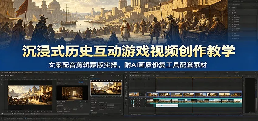 沉浸式历史互动游戏视频创作教学：文案配音剪辑蒙版实操，附AI画质修复工具配套素材 一点学习助手-零基础自学教程-副业项目-兴趣学习-网盘拉新平台-英语启蒙项目资源网