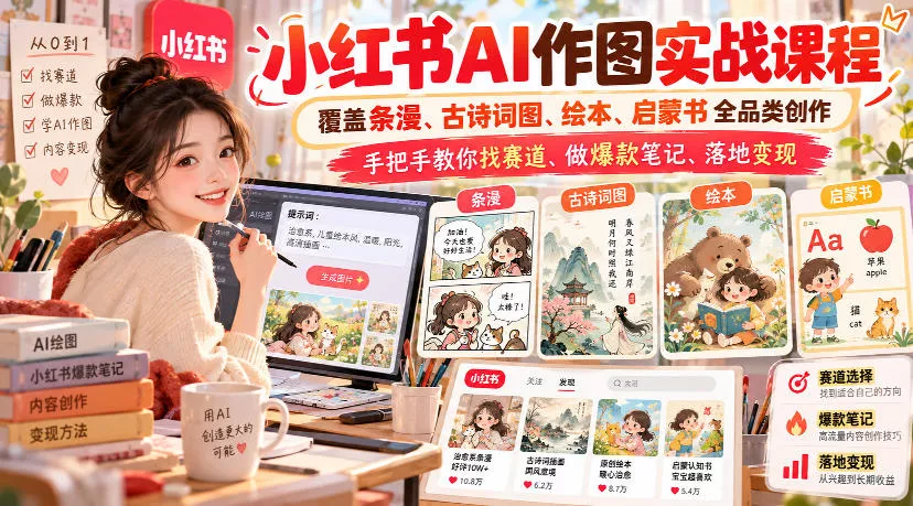 小红书AI作图实战课程，覆盖条漫、古诗词图、绘本、启蒙书全品类创作，手把手教你找赛道、做爆款笔记、落地变现 一点学习助手-零基础自学教程-副业项目-兴趣学习-网盘拉新平台-英语启蒙项目资源网