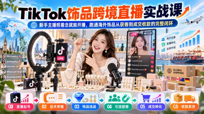 TikTok饰品跨境直播实战课，新手主播照着念就能开播，跑通海外饰品从获客到成交收款的完整闭环 一点学习助手-零基础自学教程-副业项目-兴趣学习-网盘拉新平台-英语启蒙项目资源网