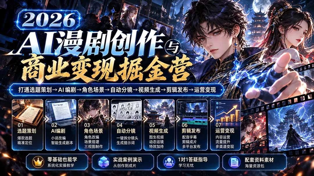【无水印】2026AI漫剧创作与商业变现掘金营：打通选题→AI编剧→角色场景→自动分镜→视频生成→剪辑发布→运营变现 一点学习助手-零基础自学教程-副业项目-兴趣学习-网盘拉新平台-英语启蒙项目资源网