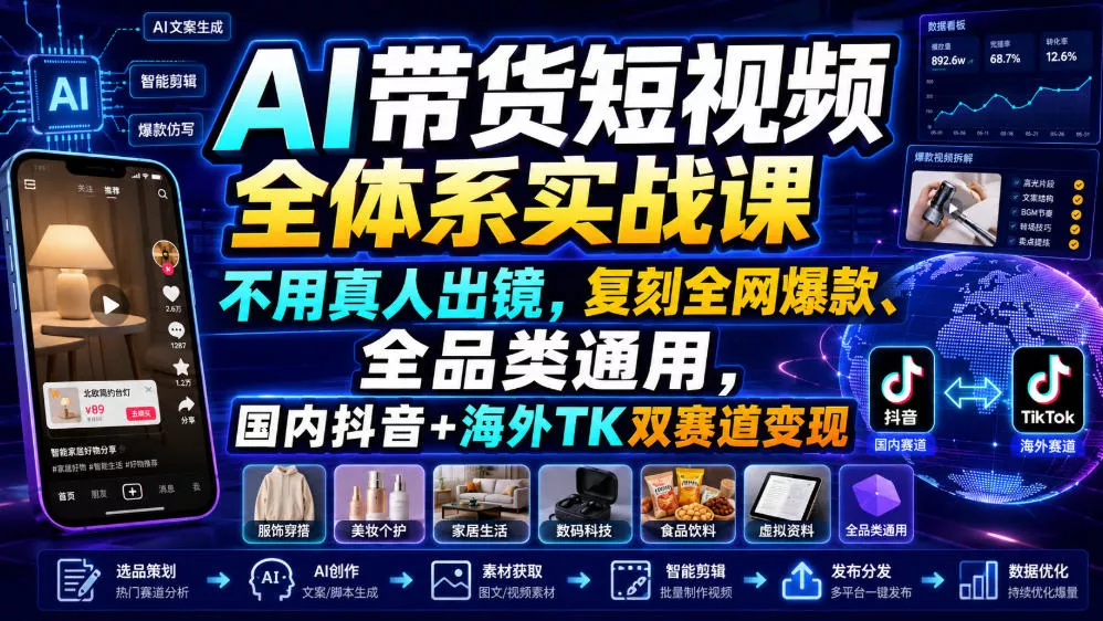 AI带货短视频全体系实战课，不用真人出镜，复刻全网爆款、全品类通用，国内抖音+海外TK双赛道变现 一点学习助手-零基础自学教程-副业项目-兴趣学习-网盘拉新平台-英语启蒙项目资源网