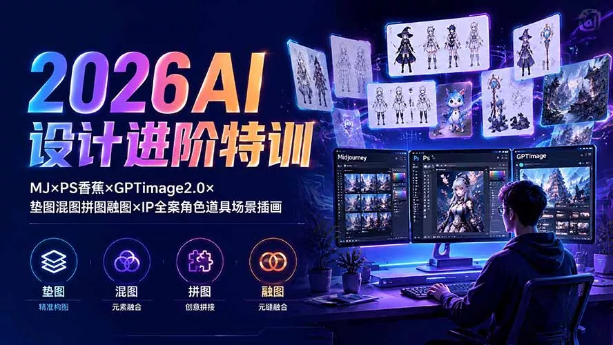 2026AI设计进阶特训：MJ×PS香蕉×GPTimage2.0×垫图混图拼图融图×IP全案角色道具场景插画 一点学习助手-零基础自学教程-副业项目-兴趣学习-网盘拉新平台-英语启蒙项目资源网