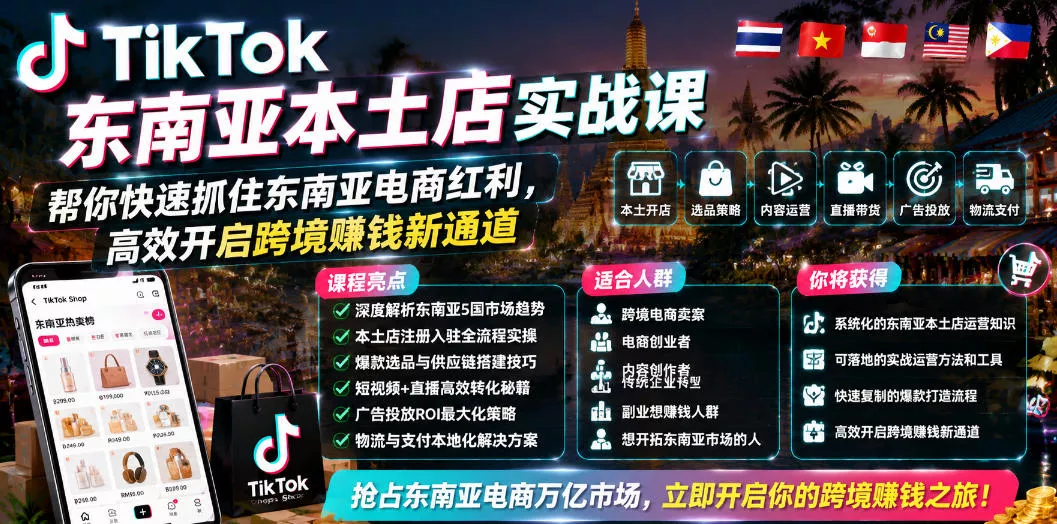 TikTok东南亚本土店实战课，帮你快速抓住东南亚电商红利，高效开启跨境賺钱新通道 一点学习助手-零基础自学教程-副业项目-兴趣学习-网盘拉新平台-英语启蒙项目资源网