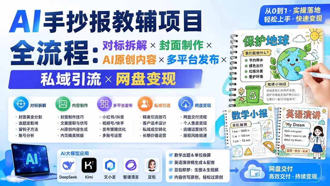 AI手抄报教辅项目全流程：对标拆解×封面制作×AI原创内容×多平台发布×私域引流×网盘变现 一点学习助手-零基础自学教程-副业项目-兴趣学习-网盘拉新平台-英语启蒙项目资源网