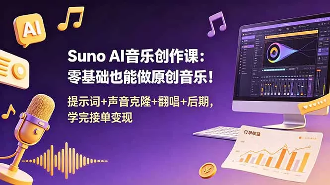Suno AI音乐创作课：零基础也能做原创音乐！提示词+声音克隆+翻唱+后期，学完接单变现 一点学习助手-零基础自学教程-副业项目-兴趣学习-网盘拉新平台-英语启蒙项目资源网