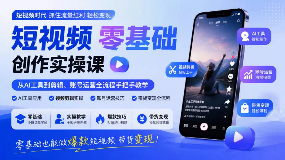 短视频零基础创作实操课，从AI工具到剪辑、账号运营全流程手把手教学，零基础也能做爆款短视频带货变现 一点学习助手-零基础自学教程-副业项目-兴趣学习-网盘拉新平台-英语启蒙项目资源网