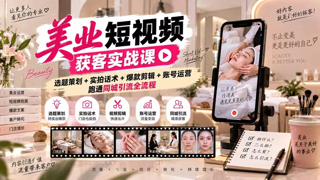 美业短视频获客实战课-无水印：选题策划+实拍话术+爆款剪辑+账号运营，跑通同城引流全流程 一点学习助手-零基础自学教程-副业项目-兴趣学习-网盘拉新平台-英语启蒙项目资源网