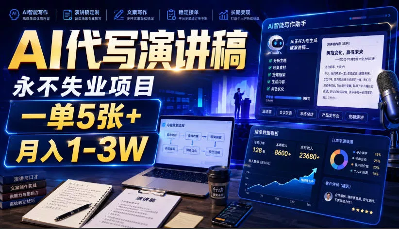 AI代写演讲稿，永不失业项目，一单5张+，月入1-3W【揭秘】 一点学习助手-零基础自学教程-副业项目-兴趣学习-网盘拉新平台-英语启蒙项目资源网