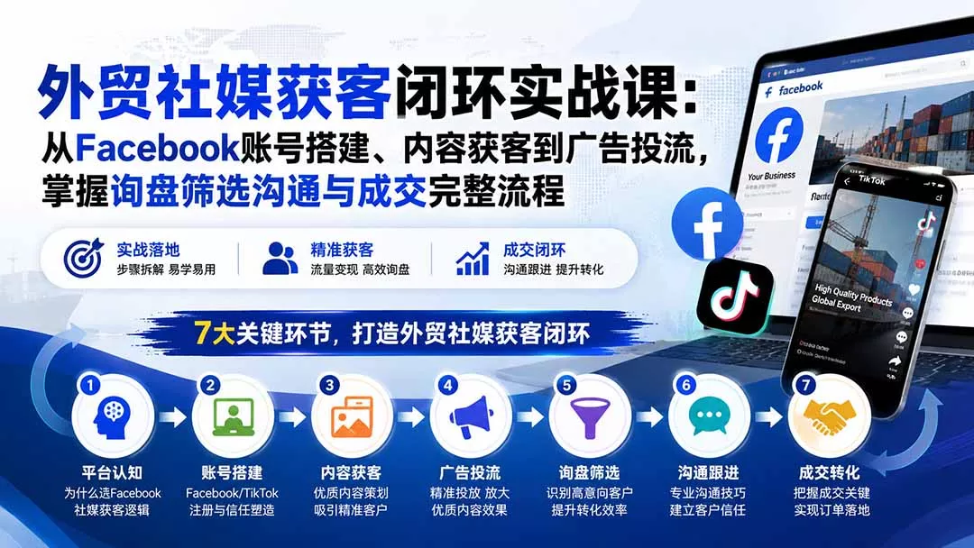 外贸社媒获客闭环实战课：从Facebook账号搭建、内容获客到广告投流，掌握询盘筛选沟通与成交完整流程 一点学习助手-零基础自学教程-副业项目-兴趣学习-网盘拉新平台-英语启蒙项目资源网