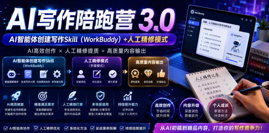AI写作陪跑营3.0，Ai智能体创建写作skill(workbuddy)+人工手写模式(手搓模式)，去除AI痕迹(头条号、公众号、百家号)(更新0806) 一点学习助手-零基础自学教程-副业项目-兴趣学习-网盘拉新平台-英语启蒙项目资源网