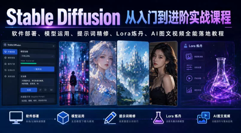 Stable Diffusion从入门到进阶实战课程｜软件部署、模型运用、提示词精修、Lora炼丹、AI图文视频全能落地教程 一点学习助手-零基础自学教程-副业项目-兴趣学习-网盘拉新平台-英语启蒙项目资源网